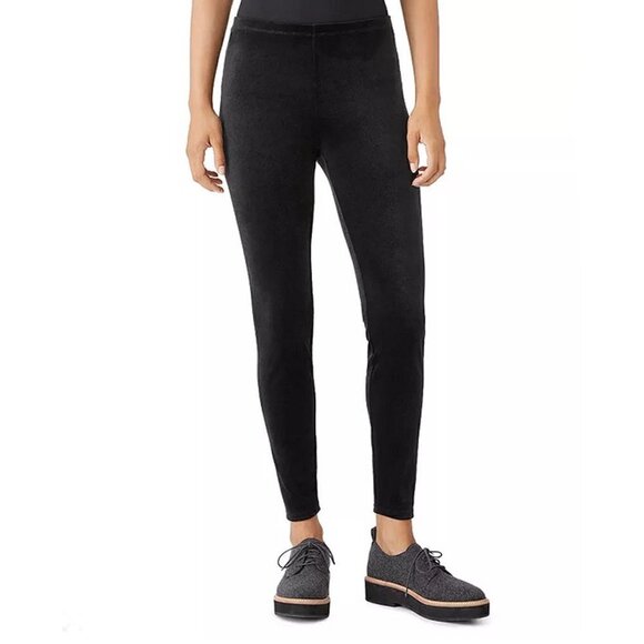 Eileen Fisher Black Velour Black Pull-On Ankle Leggings Recycled Polyester - Picture 1 of 9